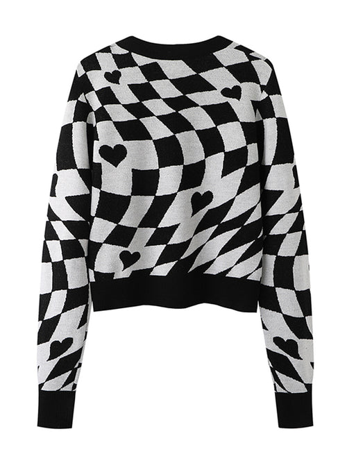 Autumn New Black and White Checkerboard Short Knit Sweater Cardigan Ladies Casual Slim Fit Top