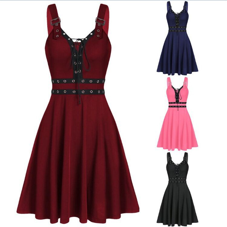 New Women's Gothic Punk Panelled Lace-Up Slip Dress