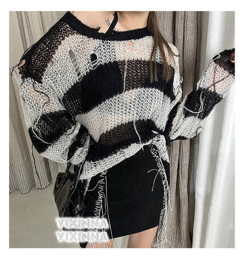 Autumn New Korean Style Black And White Striped Hole Hollow Sweater Women's Loose Pullover Sweater