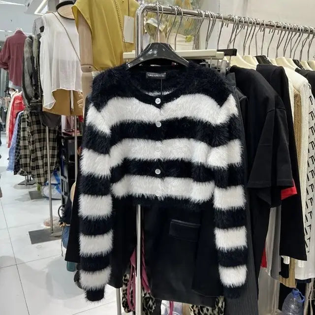 Korean Cardigan for Women O-neck Fashion Striped Knitted Cropped Sweater Jackets Casual Soft Vintage Pull Femme