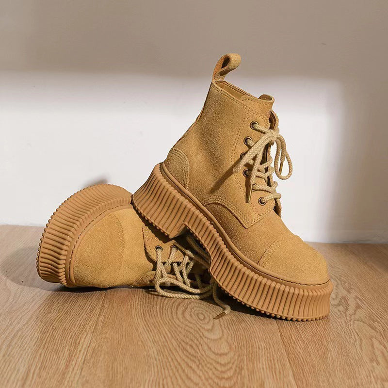 New Chunky Heel Thick Sole Riding Boots Cow Suede Comfort Lace Up Ankle Boots Autumn Women Handsome Punk Style Short Boot Unisex